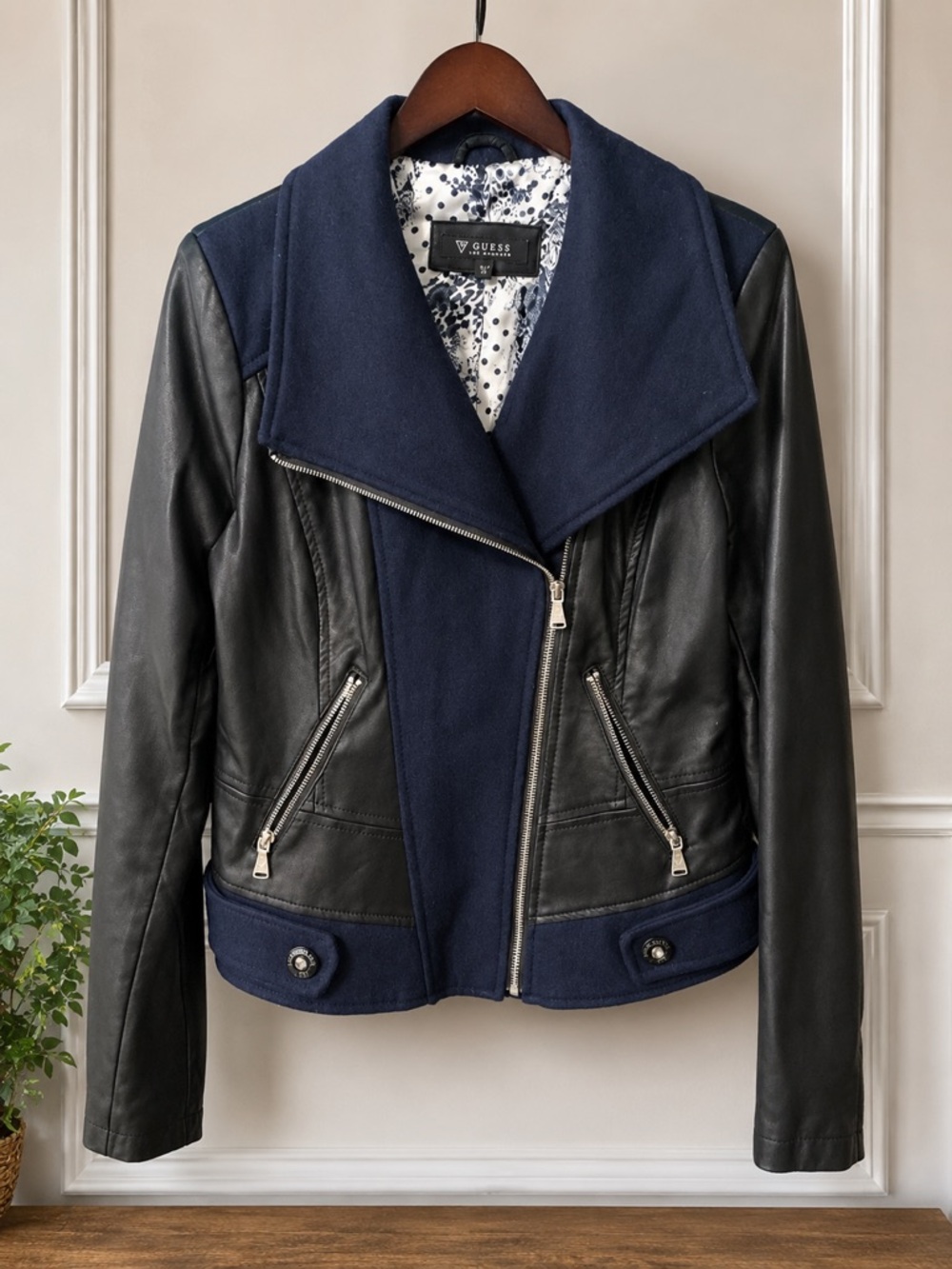 Guess Los Angeles Moto Jacket Women Medium Black Faux Leather Wool Blend